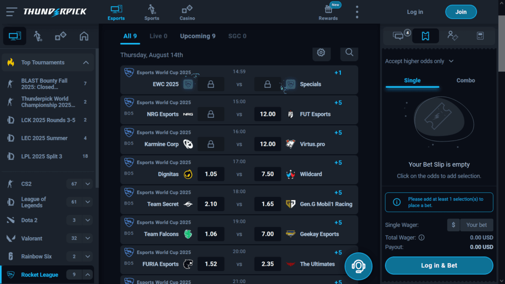 Thunderpick Rocket League Esports World Cup 2025 betting (screenshot by esports.gg)