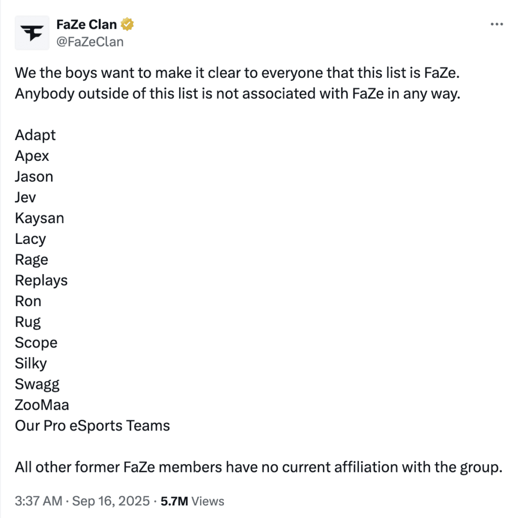 FaZe Clan post the official FaZe Clan members which does not include Temperrr