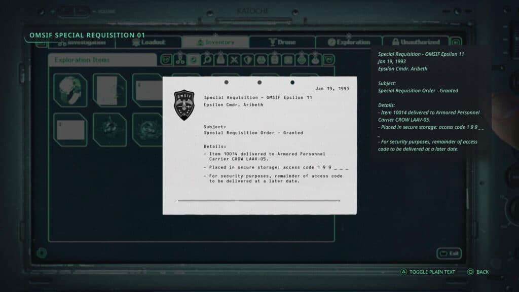 Special Requisition document one contains the first half of the code. (Screenshot by esports.gg)