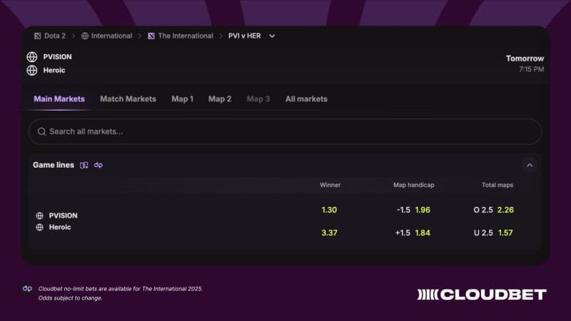 Above: Cloudbet's odds for The International Dota 2 tournament game PVISION vs Heroic. Odds subject to change. Source: <a href="https://www.cloudbet.com/en/esports/dota-2/international-the-international?utm_source=PR&amp;utm_medium=press&amp;utm_campaign=20250910_DotaTI&amp;utm_id=cbpr" target="_blank" rel="noreferrer noopener">Cloudbet.com</a>