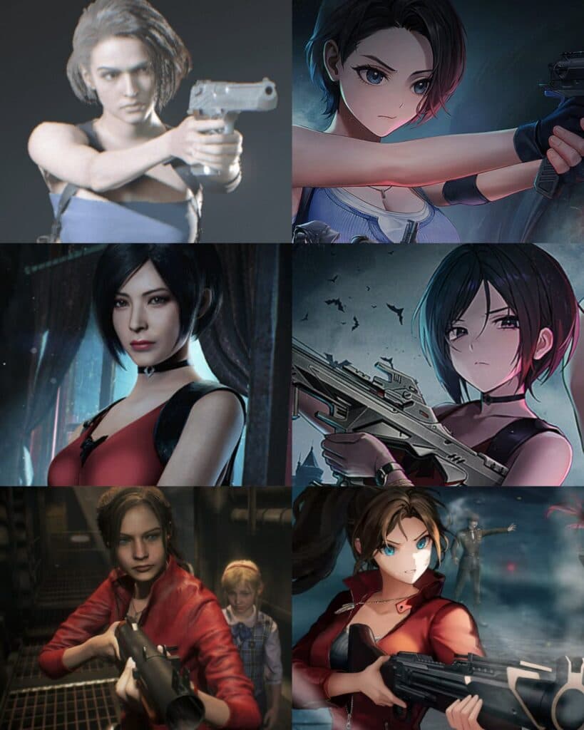 Comparison of Jill, Ada and Claire in-game versus in the NIKKE x Resident Evil trailer (via <a href="https://x.com/raincclemon">raincclemon</a>)