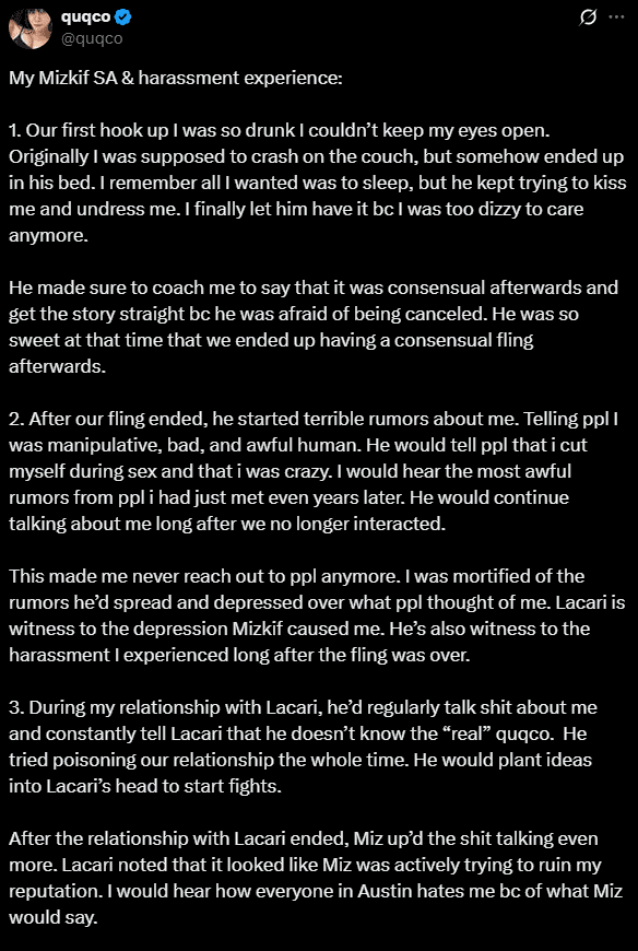 Quqco details her assault by Mizkif (Image via <a href="https://x.com/quqco/status/1982460944547516477" target="_blank" rel="noreferrer noopener">X</a>)