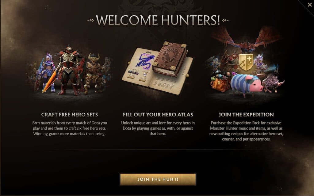 Dota 2 x Monster Hunter welcome (Image via Valve)