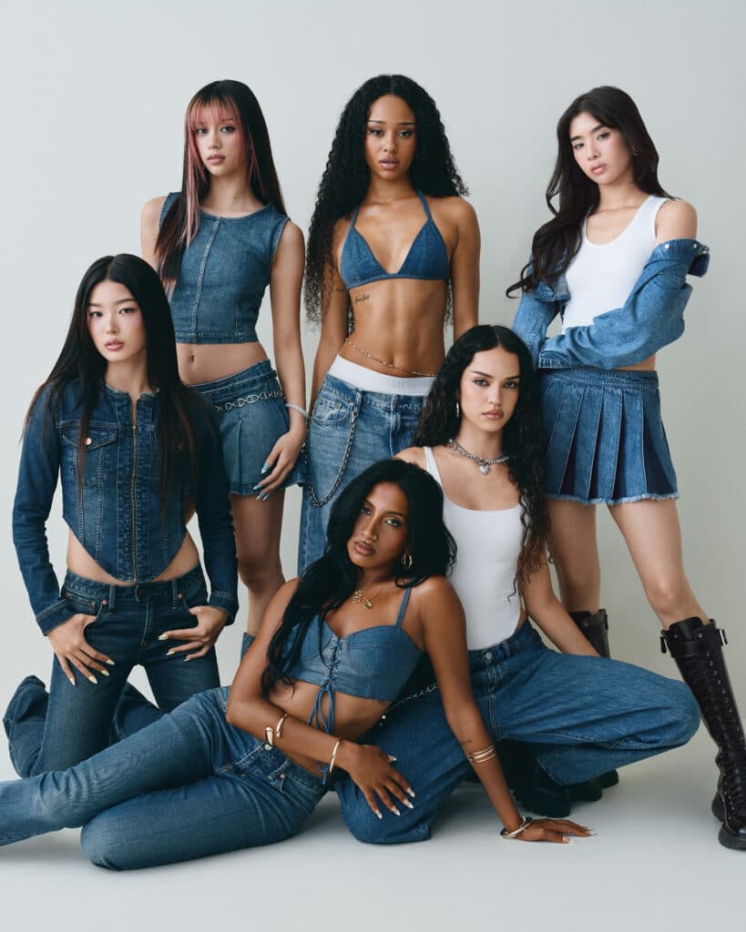 KATSEYE for GAP (<strong>Back row (L-R): </strong>Megan Skiendiel, Manon Bannerman, Sophia Laforteza. <strong>Front row (L-R): </strong>Yoonchae Jeung, Lara Rajagopalan, Daniela Avanzini.) (Photo via Gap/Instagram)