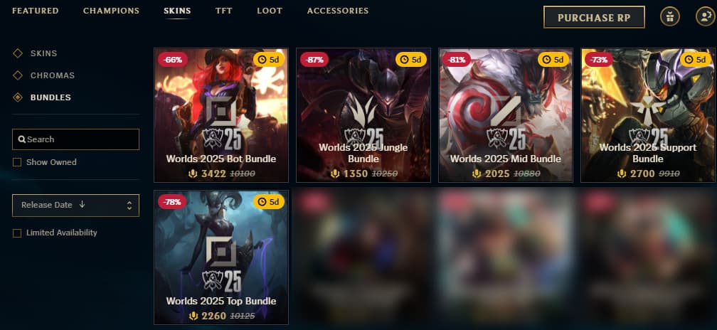 Worlds 2025 skin bundles on the League of Legends client (Screenshot via esports.gg)