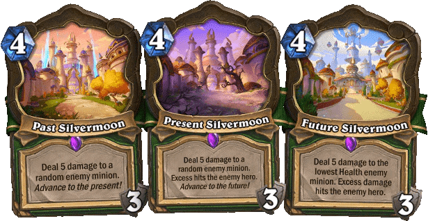 Past Silvermoon, Present Silvermoon, and Future Silvermoon in Hearthstone (Image via Blizzard Entertainment)