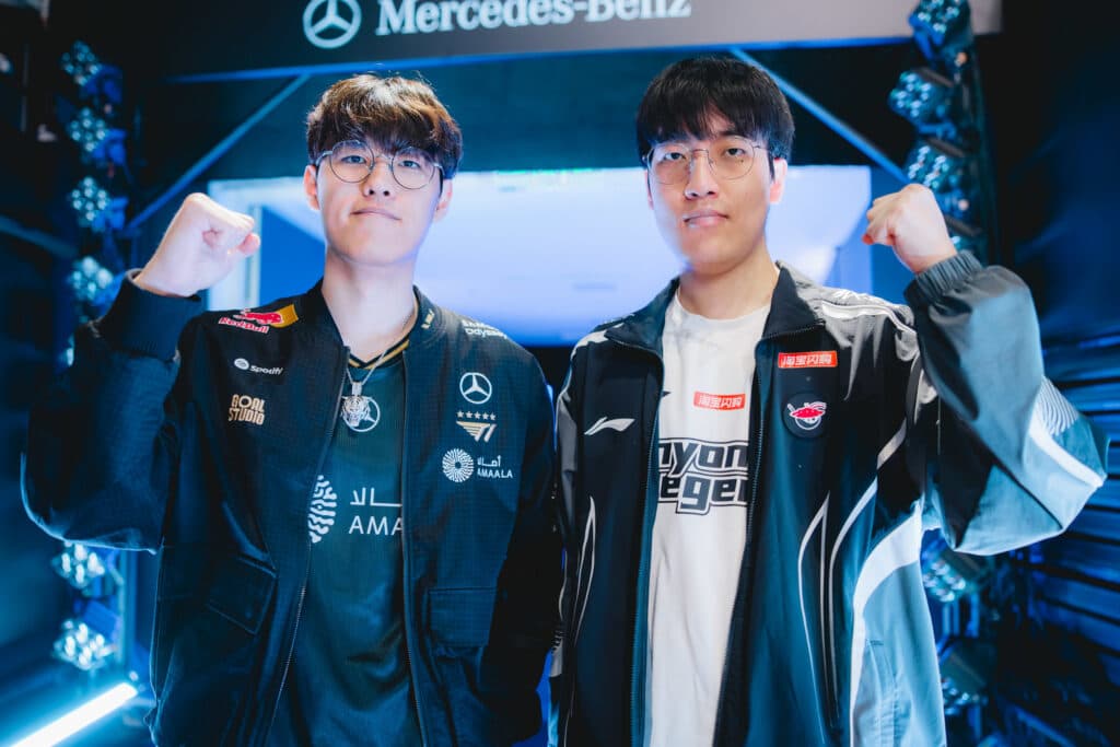 T1 Oner (L) and AL Tarzan. (Photo by Colin Young-Wolff/Riot Games)