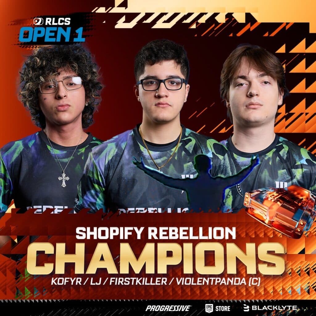 Shopify Rebellion, RLCS 2026 NA Open 1 Champions (Image via Rocket League Esports)