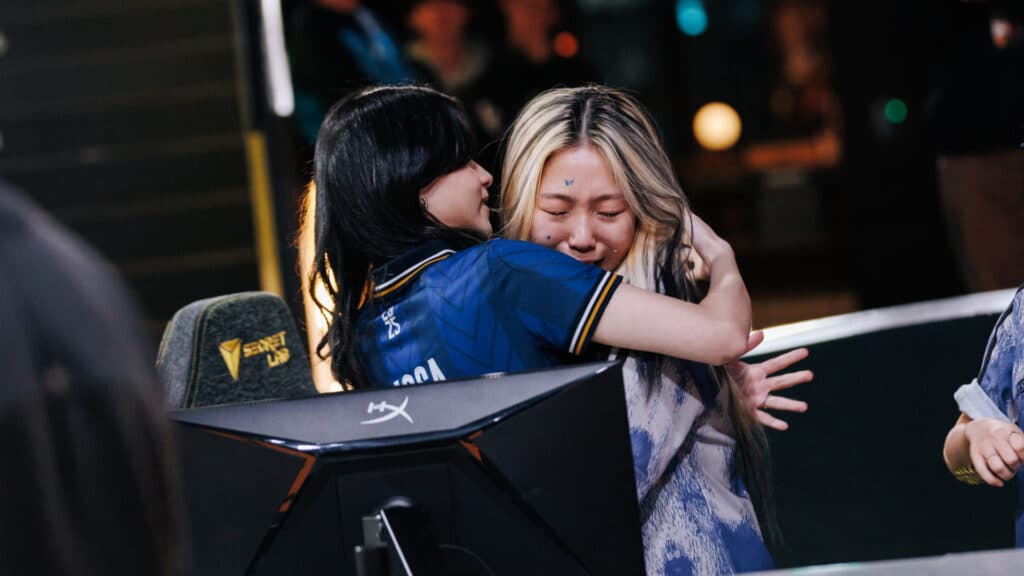 MIBR GC lissa hugs NTZ 332 after eliminating the Korean squad (Imga via Christina Oh | Riot Games)