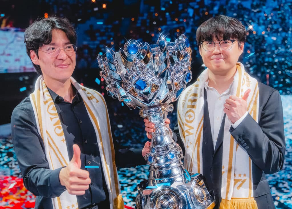 T1 coaches kkOma (L) and Mata at Worlds 2025 (Photo via Colin Young-Wolff/Riot Games)