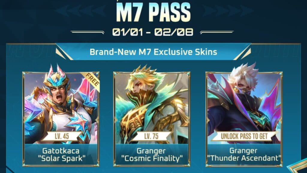 Three new skins in the M7 Pass. (Image via Mobile Legends: Bang Bang on X)
