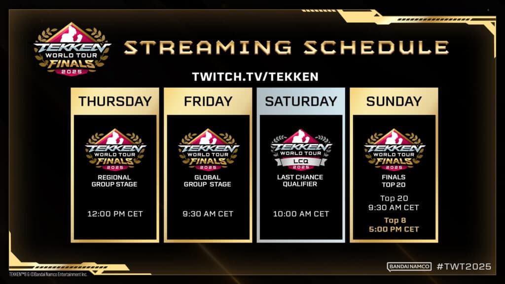 TWT 2025 Finals: streaming schedule (Image via Bandai Namco Esports)