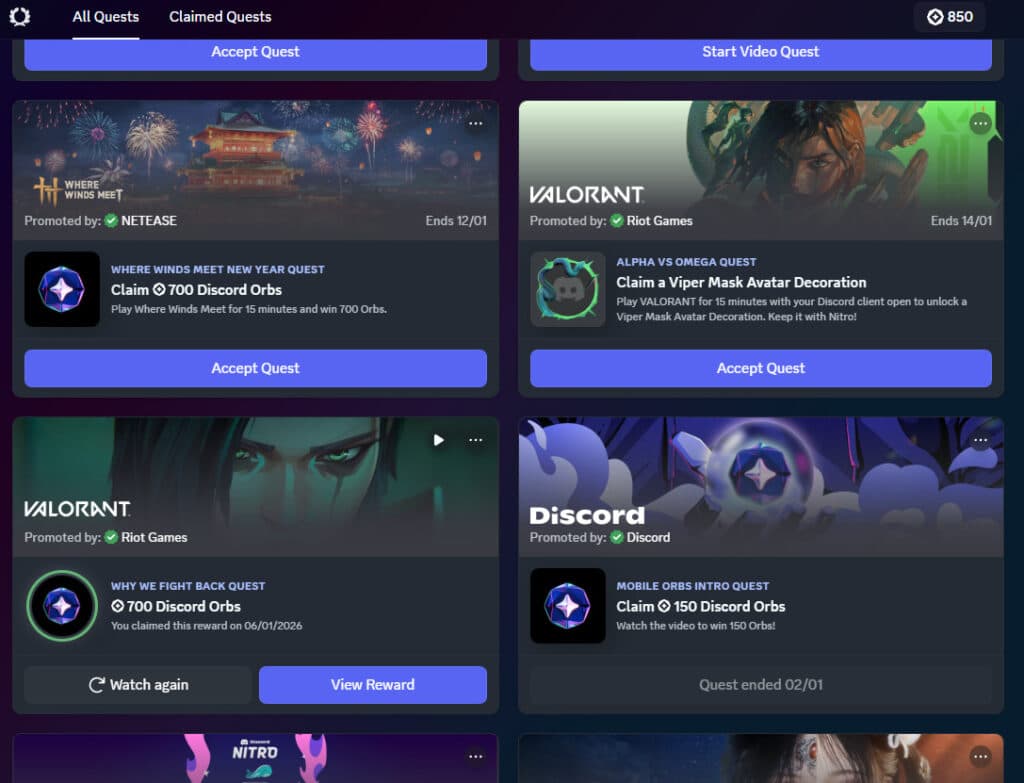 Discord quests menu (Image by Discord)