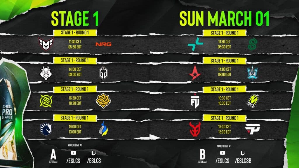 Day schedule at EPL S23 Stage 1 (Image via ESL)