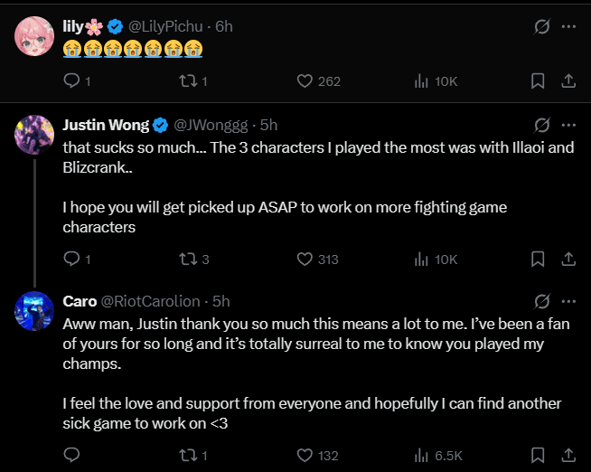 LilyPichu and Justin Wong replies to Carolion's post (Screenshot via esports.gg)
