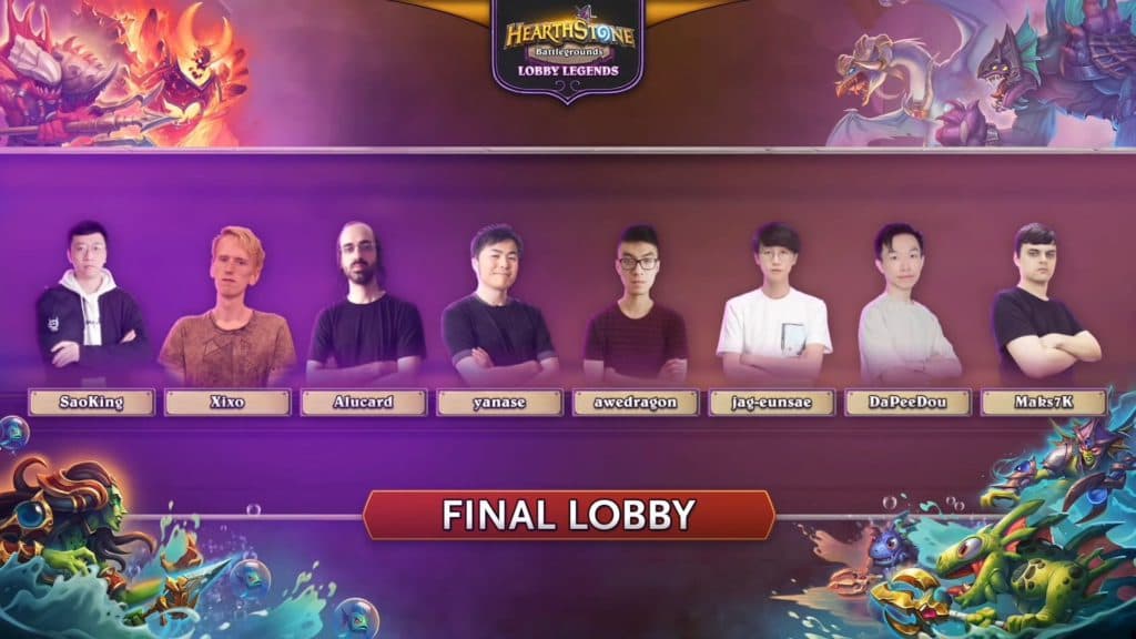 The <a href="https://esports.gg/news/hearthstone/hearthstone-battlegrounds-nerfs-nagas/">Hearthstone Battlegrounds</a> Lobby Legends: Noblegarden top eight. Image via Blizzard Entertainment.