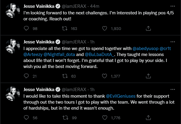 Tuítes de despedida do JerAx.