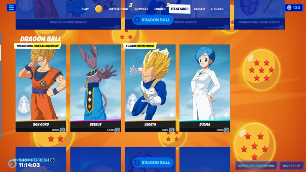 Goku, Beerus, Vegeta, and Bulma in the Item Shop