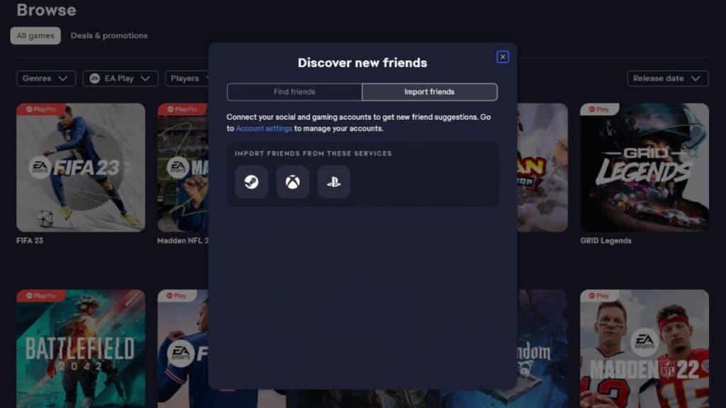 The new EA App lets you import friend lists from other platforms like Steam, Xbox and Playstation