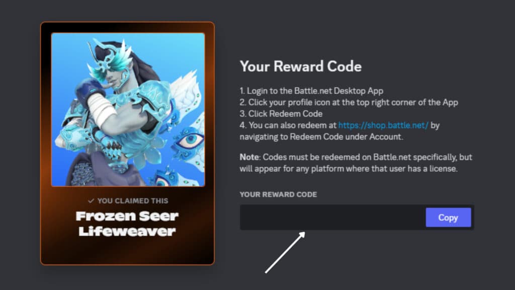 A pop-up window with the reward code (Screenshot by esports.gg)