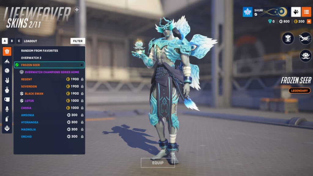 Frozen Seer Lifeweaver skin in the inventory (Screenshot by esports.gg)