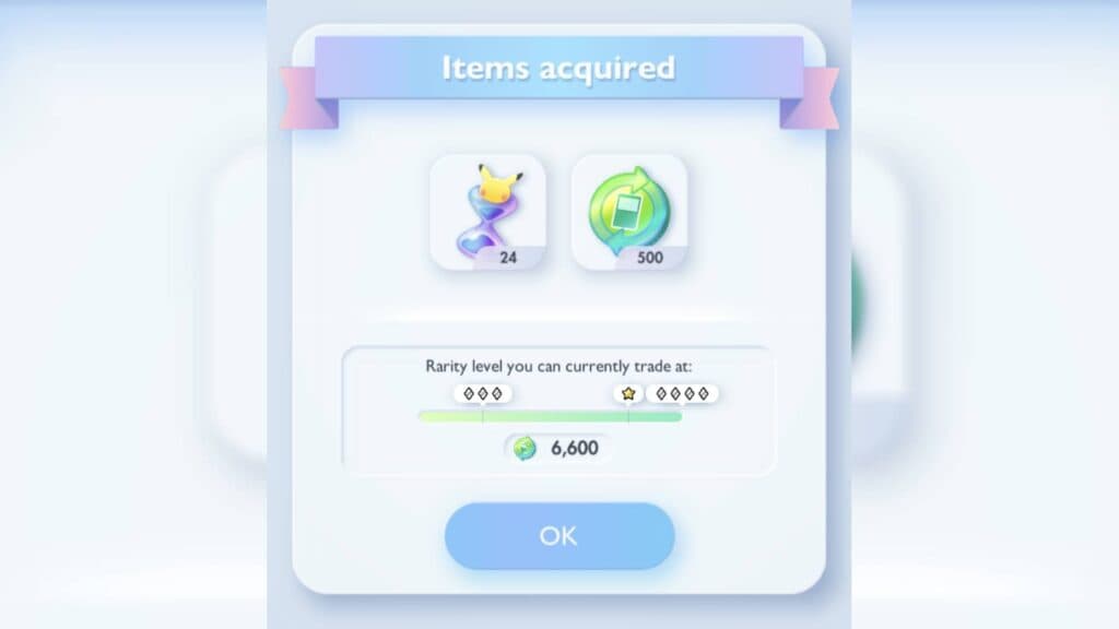 The rewards from Pokémon TCG Pocket's Golden Week celebration gift code. (Screenshot via esports.gg)