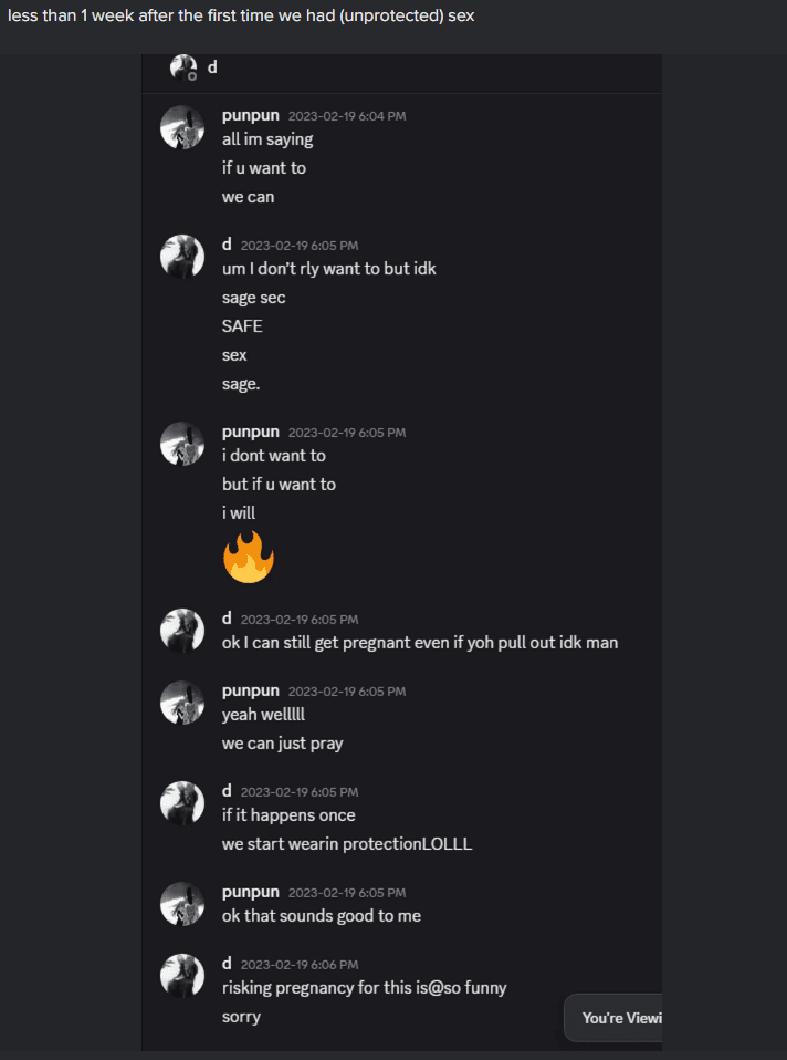 Screenshot of a conversation between florescent and Bricks about unprotected sex
