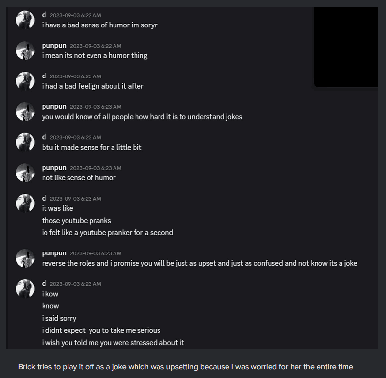 Screenshot of a conversation between flor and Brick about the false pregnancy