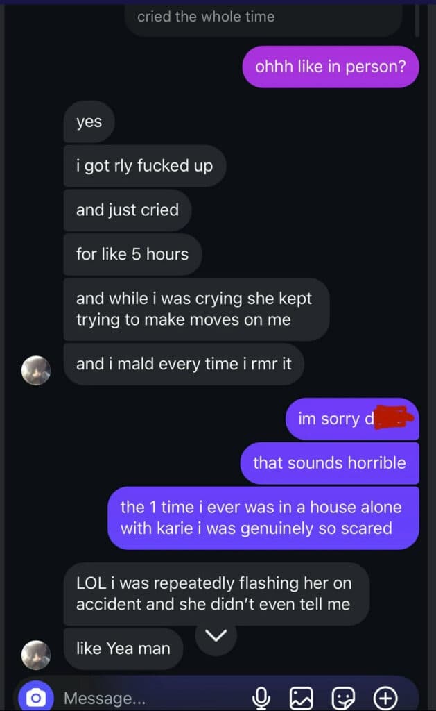 Screenshot of Brick talking about Karie with florescent