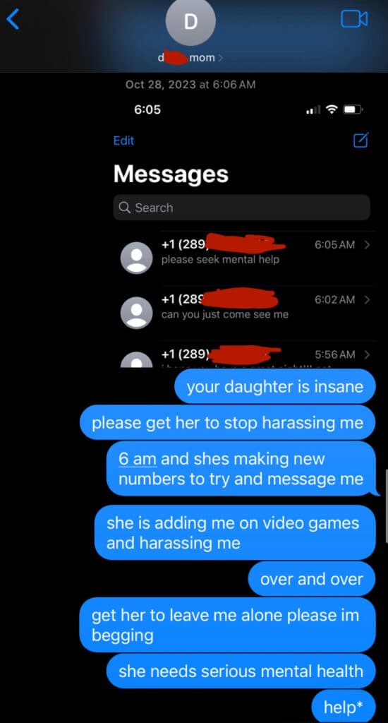 Screenshot of florescent sending Brick's mom texts her daughter's attempts to contact