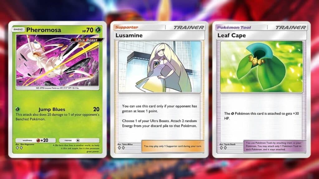 Pheromosa, Lusamine, and Leaf Cape cards (Image via esports.gg)