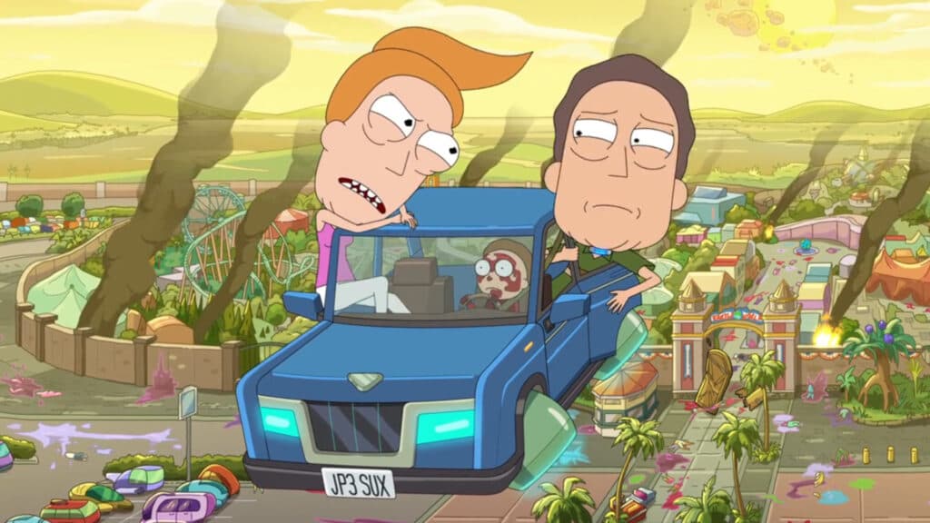Summer, Morty, and Jerry escape the chaos and destruction (Image via Adult Swim)