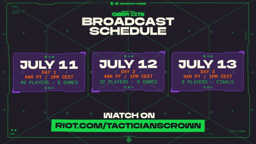 TFT Cyber City Tactician's Crown schedule (Image via Riot Games)