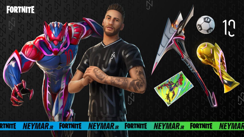The Neymar Fortnite skin package includes a World Cup trophy Back Bling and the Soccer Ball Emote Toy