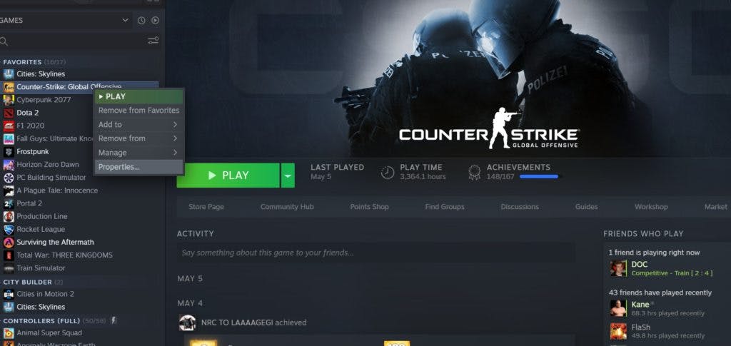 <em>Right-click on Counter-Strike: Global Offensive in Steam. Go to properties.</em>