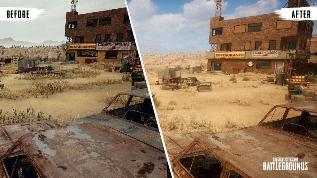 Before and After images of Miramar. Image Credit: <a href="https://www.pubg.com/2021/05/23/2021-pubg-dev-plan-world/" target="_blank" rel="noreferrer noopener nofollow">PUBG</a>.