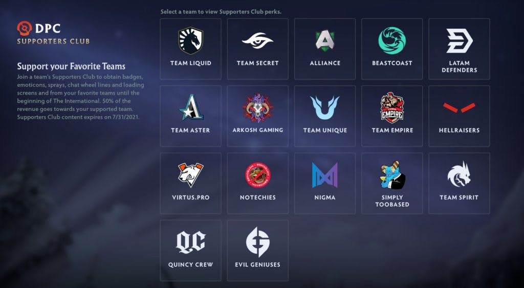 Seventeen teams have in-game content in the Supporters Club at launch. Valve will add more teams to this list.
