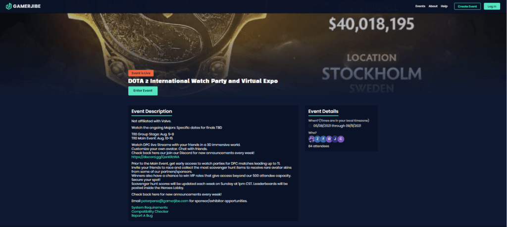 Screengrab of the TI10 Watch Party and Virtual Expo event page