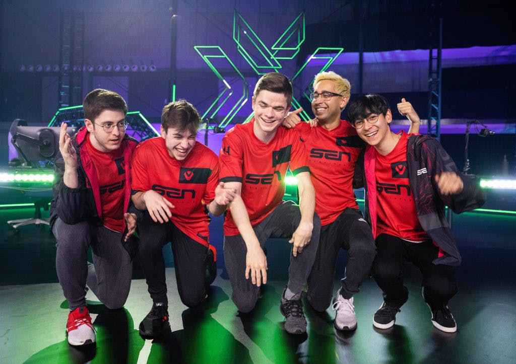 Sentinels pose after their win over NUTURN in the <a href="https://esports.gg/news/valorant/optic-gaming-kru-vct-masters/">VCT Masters Reykjavik</a> upper bracket. (Image credit: Colin Young-Wolff/Riot Games)