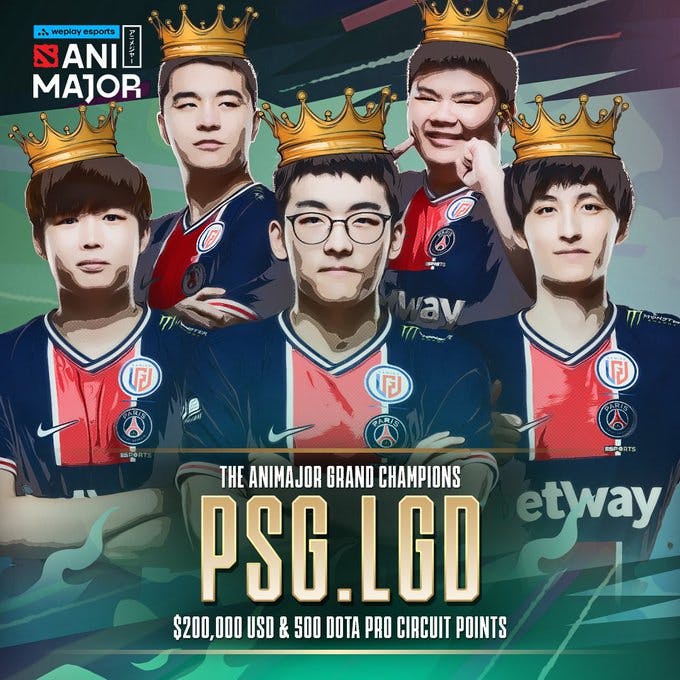 PSG.LGD win the second Dota 2 Major of the season. Image Credit: <a href="https://twitter.com/wykrhm/status/1404198946524651520">W</a><a href="https://twitter.com/wykrhm/status/1404198946524651520" target="_blank" rel="noreferrer noopener">y</a><a href="https://twitter.com/wykrhm/status/1404198946524651520">khrm</a>.