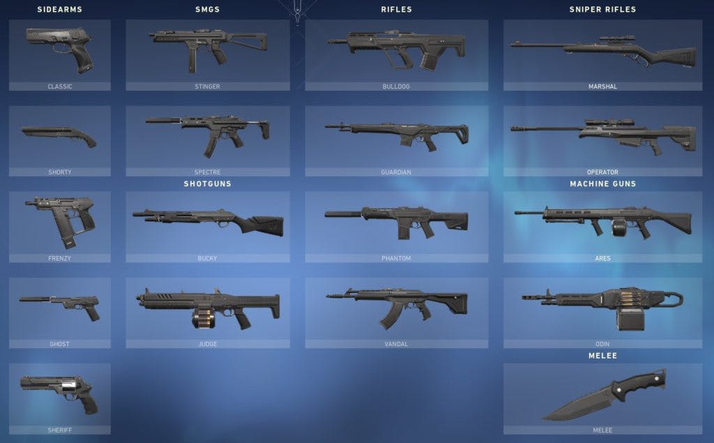The selection of weapons in VALORANT