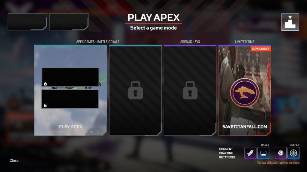 What you will see if you try to select a game mode in the playlist
