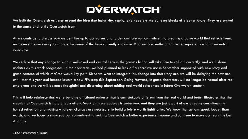 An action that is a response to a sexual harassment and discrimination lawsuit. Image via <a href="https://twitter.com/PlayOverwatch/status/1430964453865046025" target="_blank" rel="noreferrer noopener nofollow">Overwatch's Twitter</a>.
