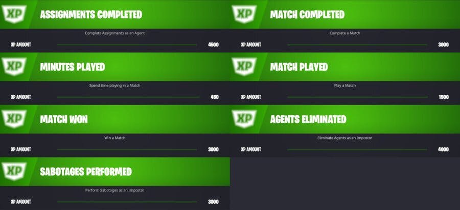 The Fortnite Impostors Mode XP quests. Image Credit: <a href="https://twitter.com/HYPEX/status/1427557163375992834" target="_blank" rel="noreferrer noopener nofollow">HYPEX</a>.