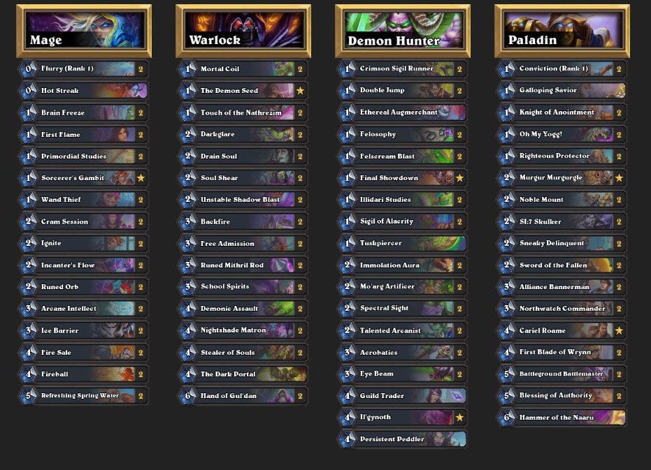 Gaby's Line Up for Hearthstone Grandmasters week 1 - From Yaytears.com<br>Click on the image to copy the Deck Codes.