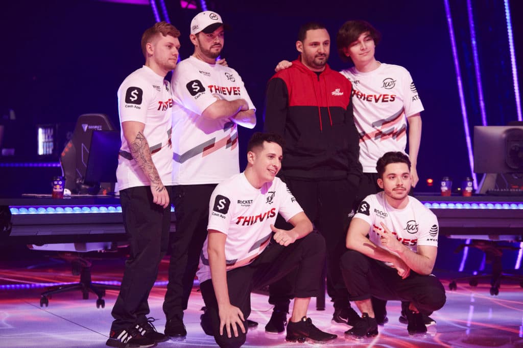 100 Thieves pose on the Masters Berlin stage. Image credit: Lance Skundrich/Riot Games.