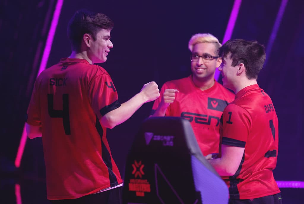 Sentinels celebrate during their match against G2 Esports. Image credit: Colin Young-Wolff/Riot Games.