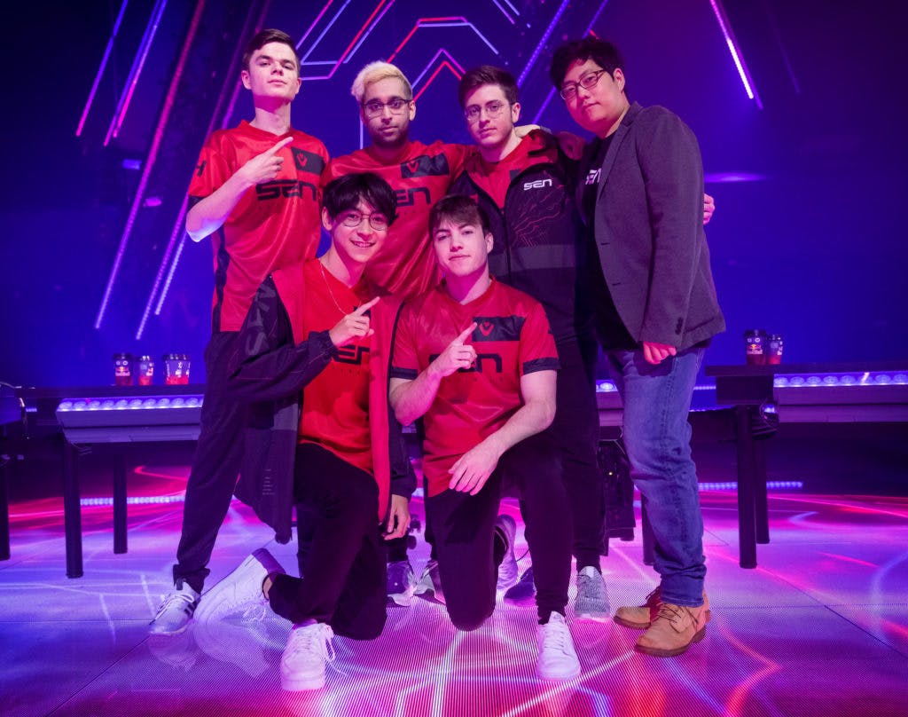 BERLIN, GERMANY - SEPTEMBER 13: Team Sentinels pose on stage after a victory at the VALORANT Champions Tour 2021: Stage 3 Masters on September 13, 2021 in Berlin, Germany. (Photo by Colin Young-Wolff/Riot Games)