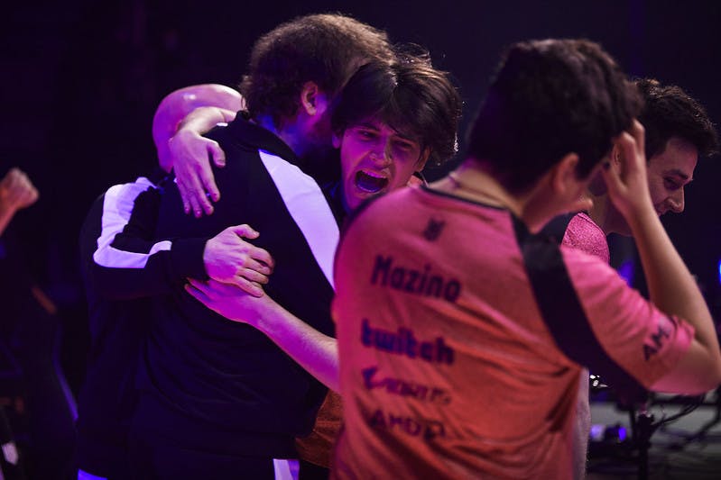 BERLIN, GERMANY - SEPTEMBER 15: Team KRU Esports reacts after a victory at the VALORANT Champions Tour 2021: Stage 3 Masters on September 15, 2021 in Berlin, Germany. (Photo by Lance Skundrich/Riot Games)