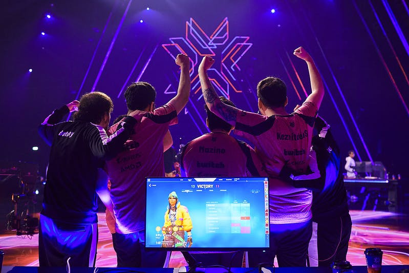 BERLIN, GERMANY - SEPTEMBER 16: Team KRU Esports poses on stage after a victory at the VALORANT Champions Tour 2021: Stage 3 Masters on September 16, 2021 in Berlin, Germany. (Photo by Lance Skundrich/Riot Games)